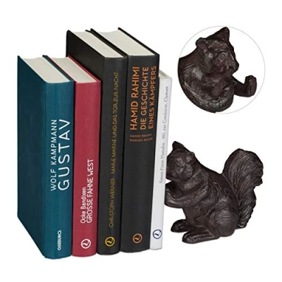 Image of Relaxdays Animal Bookend, Squirrel, For Books, CDs, DVDs, Cast Iron, Robust Stand, Brown