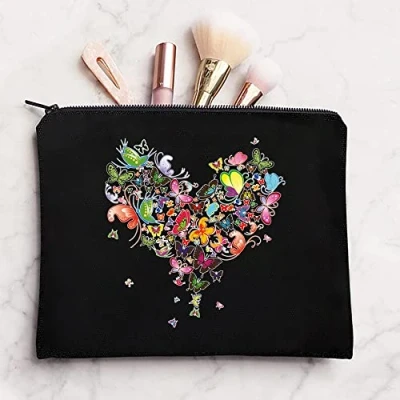 Image of Love Printed Canvas Makeup bag Make up Bags for Women Mini Cosmetic Toiletry Organizer Purse Travel,Toiletry Bags, bride Bridesmaid (Heart Buttfly)