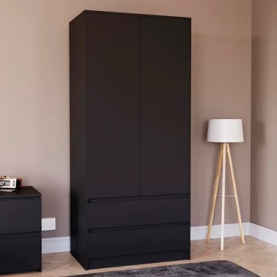 Image of Vida Designs Denver 2 Door Wardrobe With Drawers, Modren Bedroom Furniture (Black)