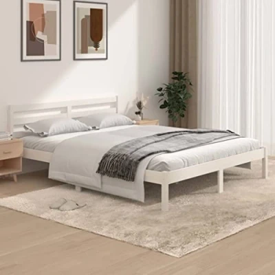 Image of Bed Frame, Base Bedstead Bedroom Platform Furniture Frame Solid Wood Pine White 153x203 cm Queen Size