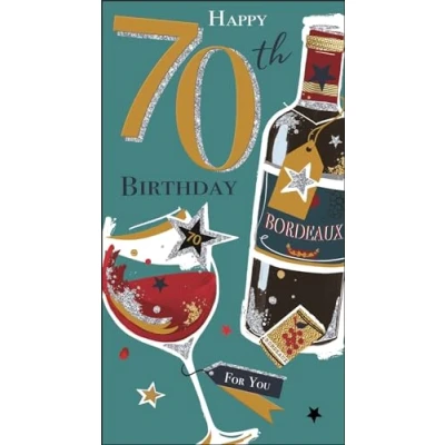 Image of Jonny Javelin Male 70th Birthday Card Age 70 Red Wine and Stars Embossed with Foil Flitter Details