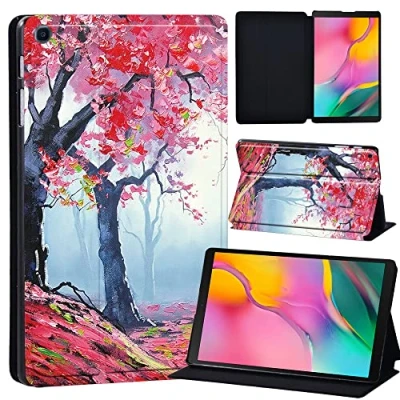 Image of Printed Leather slim lightweight Stand Cover Case for Samsung Galaxy Tab A 10.1 2019 (Model: SM T510 T515), with Function (Black) (red tree paint)