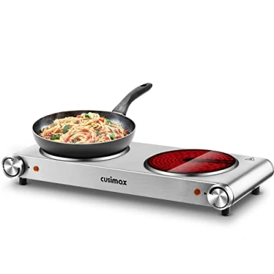 Image of CUSIMAX Double Electric Hob, Portable Ceramic Hot Plate, Camping Hob Infrared Cooktop with Dual Temperature Control, Crystal Glass Plate Easy to Clean, Black Steel, 2400W