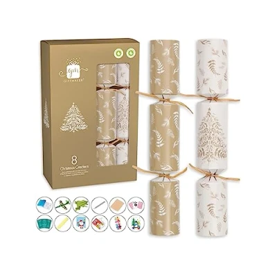 Image of Giftmaker Pack 8 Cream &amp; Gold Xmas Tree Novelty Traditional Family Christmas Crackers