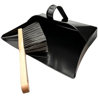 Image of LSC Heavy Duty Metal Dustpan with PVC Hand Brush Industrial Design Large Black Hooded Set Cleaning Scoop Suitable for Homes, Burners, Workshops, and Gardens (BLACK)