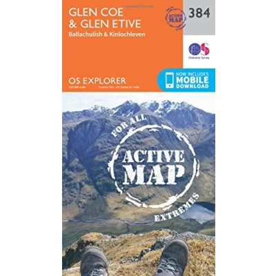 Image of Glen Coe &amp; Etive Map Weatherproof Ballaculish Kinlochleven Ordnance Survey OS Explorer Active 384 Scotland Walks Hiking Maps Adventure