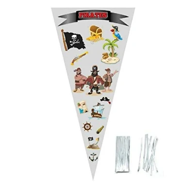 Image of PACK OF 25 PIRATES Large cellophane cone shape sweet party bags 37cm x 18cm with 4&quot; twist ties