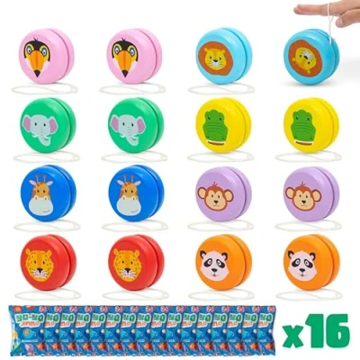 Image of BONNYCO Yo Kids Pack 16 Animal Party Bag Fillers for Wooden Yoyo Kids&#039; Favours Bags Fillers, Pinata Prizes