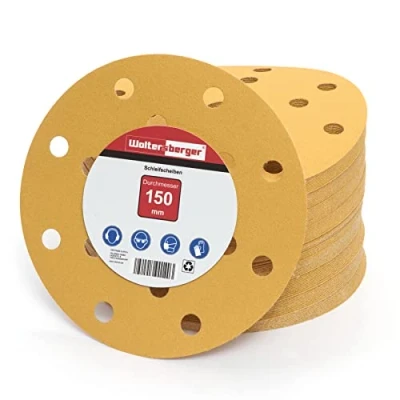 Image of Woltersberger® 50 x Gold Abrasive Discs │ 15 Holes Diameter 150 mm Grit 60 for Random Orbital Sanders Sheets Paper