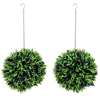 Image of Metro Garden 30cm Lavender Topiary Ball, Artificial Outdoor Plants Hanging Topiary, Green (Pack of 2)