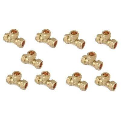 Image of TC Compression Brass Equal Tee 15mm for Copper Pipe Connector Pack of 10
