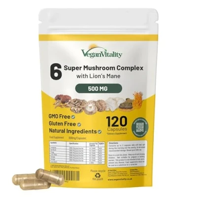 Image of Mushroom Complex 6 Lions Mane Supplement 120 Capsules High Strength Vegan with Mane, Reishi, Chaga Powder, Shitake, Cordyceps &amp; Maitake (120 Capsules)