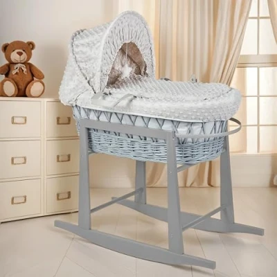 Image of BABYMAM Moses Basket Wicker Grey Rocking Stand Baby Padded Dimple Bedding Full Set with Mattress
