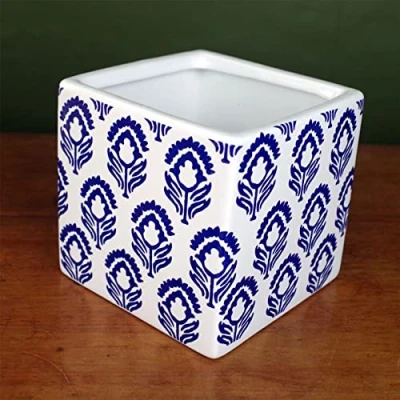 Image of Leaf Ceramic Indoor Cachepot Planters, Blue White Floral Print, 12cm