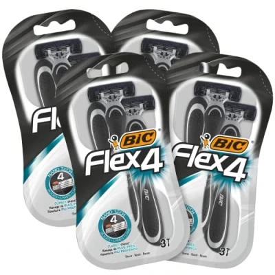 Image of BIC Flex 4 Men&#039;s Razor, x 3 Disposable Razors with Blades Each Aloe Vera &amp; Vitamin E for a Gentle Shave