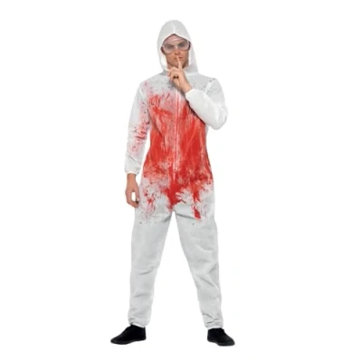 Image of Smiffys Bloody Forensic Overall Costume, Red with Goggles &amp; Jumpsuit, Halloween Adult Fancy Dress, Dress Up Costumes