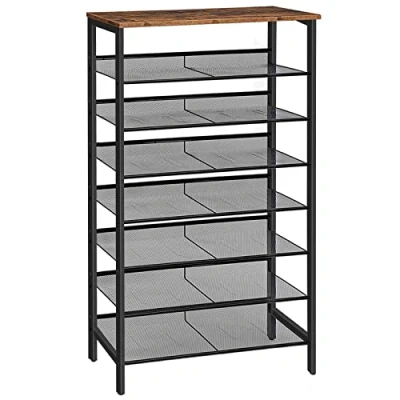 Image of HOOBRO Shoe Rack, Large Capacity Storage, Tall Shelf for 21 28 Pairs of Shoes, Organizers Storage Unit with Flat or Slant Adjustable Metal Shelves, Rustic Brown EBF18XJ01