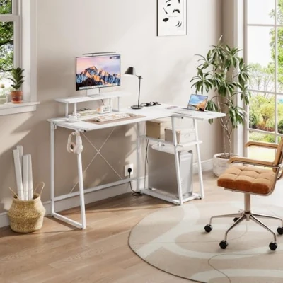 Image of Dripex L Shaped Computer Desk with 2 Tier Storage Shelves, Corner Power Outlets, USB Charging Ports &amp; Tablet Slot, Modern Work Study Table for Home Office, White