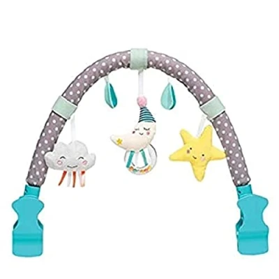 Image of Taf Toys Mini Moon Baby Pram Arch. Activity Travel Arch with 3 Sensory Hanging Toys. Toy Bar Fits Strollers &amp; Car Seats. Large Adjustable Clips. Foldable. Suitable for Babies Infants 0 months +