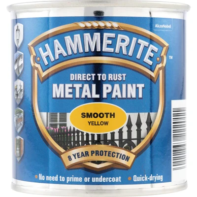 Image of Hammerite Direct to Rust Metal Paint Smooth Finish, Yellow 250ml