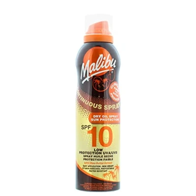 Image of Malibu Sun SPF 10 Continuous Dry Oil Spray for Tanning with Shea Butter Extract, Low Protection, Water Resistant, 175ml