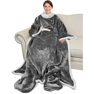 Image of Catalonia Classy Wearable Sherpa Blanket with Sleeves and Foot Pocket, Soft Cosy Fleece Slankets for Women Warm Fluffy Plush Throws Winter TV Sofa Couch 190 x 135 cm