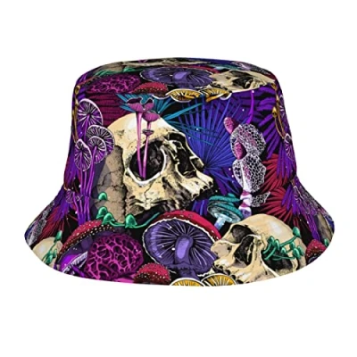 Image of IUBBKI Magic Psychedelic Mushrooms and Skulls Bucket Hat Fashion Sun Cap Packable Outdoor Fisherman for Women Men Teens Beach Caps Fishing