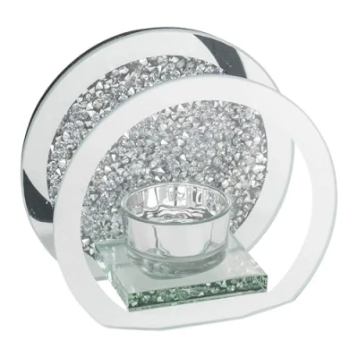 Image of SERENA&#039;S ® Round Crushed Diamond Crystal Tealight Candle Holder Clear Silver Mirror Decorative Glass With Walls (1 Holder) Best Gift