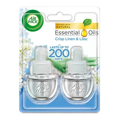 Image of Air Wick Plug in Diffuser Twin Refill, Crisp Linen &amp; Lilac, Pack 2 x 19ml, Long Lasting Fragrance, Lasts up to 200 days, freshener