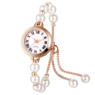 Image of JewelryWe Women&#039;s Pearl Bracelet Watch: Ladies Rose Gold Quartz Adjustable Stainless Steel Elegant Round Dial Bangle Watch for Christmas