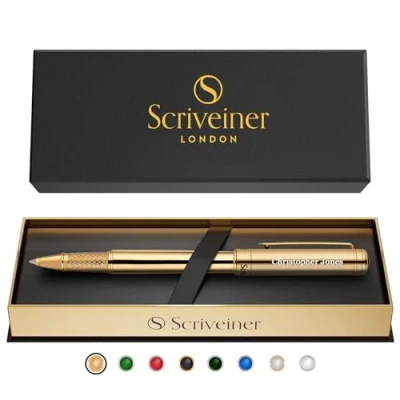 Image of Scriveiner Personalised Gold Rollerball Pen Stunning Luxury Pen, Real Plating, Schmidt Ink Refill, Best Engraved Roller Ball Gift Set for Men &amp; Women, Custom Name Engraving