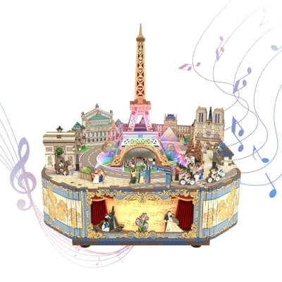 Image of Tonecheer Music Box Wooden 3D Puzzle, Romantic Paris DIY Model Kit for Adults, Rotating Box, Puzzle Home Decoration Gifts Birthday Christmas