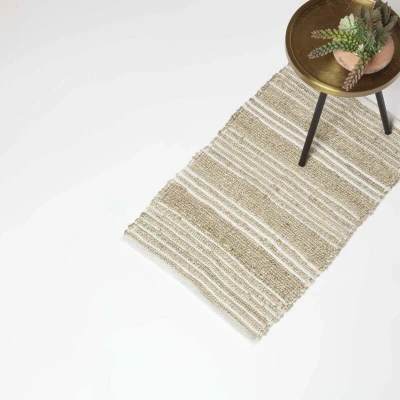 Image of HOMESCAPES Handwoven Natural &amp; Cream Striped Rug 45 x 70 cm Cotton Jute Small Floor Mat ‘Arlyn’ with Traditional Stripe Pattern
