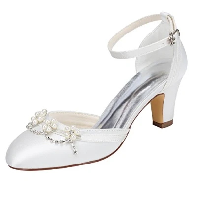 Image of Emily Bridal Ivory Shoes Chunky Heel Round Toe Ankle Strap Pearl Crystal Wedding (EU35/UK3, White)