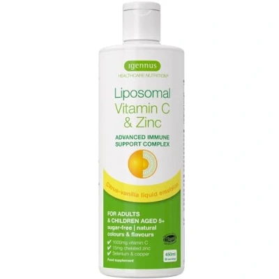 Image of Advanced Liposomal Vitamin C 1000mg &amp; Zinc Bisglycinate Liquid, 30 90 Servings, Immune Support Complex with Copper Selenium for Adults Kids, Sugar Free, Citrus Vanilla Flavour, by Igennus