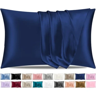 Image of Pamposh Satin Silk Pillowcases For Hair And Skin 2 Pack Standard Size with Envelope Closure (2 Pcs (50 x 75 cm), Navy)