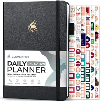 Image of Clever Fox Daily Planner 2nd Edition Undated Time Block Task Organizer with Hourly Schedule &amp; To do list A5, 6 Months (Silver Black)
