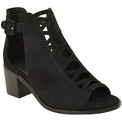 Image of Womens Low Mid Block Wedge Heel Ankle Strap Boots Ladies Cut Out Strappy Lace Up Comfy Office Formal Work Party Occasion Heeled Open Toe Shoes 6 UK Black Faux Suede