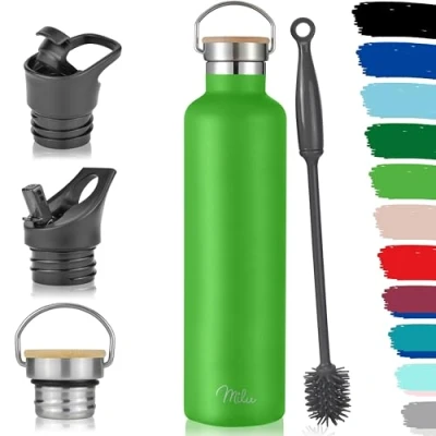 Image of Milu Stainless Steel Drinking Bottle 350ml, 500ml, 750ml, 1l (+3 Lids) Thermo with Straw, Water Bottle, for Hot, Cold &amp; Carbonated Drinks (Apple Green, 1000ml)