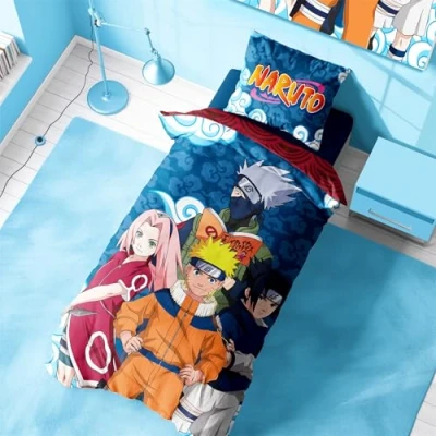 Image of Naruto Official Single Reversible Duvet Set 135 x 200 cm with Pillowcase Featuring, Sasuke &amp; Sakura for Anime Fans, Machine Washable