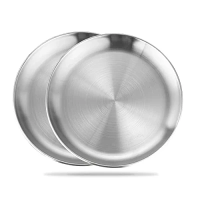 Image of Betinyar 2 Pieces 6.7 Inch Stainless Steel Plates, Round Metal Dinner Dishes for Dinner, Camping, Outdoor(Silver, 17cm)