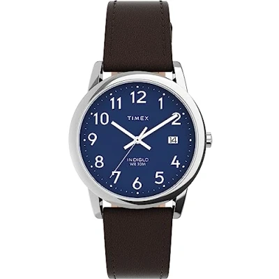 Image of Timex Mens Easy Reader Silver Tone Case with Brown Sustainable Strap and Blue Dial TW2V75200