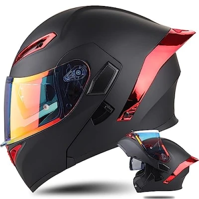 Image of Flip Up Front Motorbike Helmet Bluetooth Slot Full Face Modular Motorcycle with Double Visor DOT/ECE Approved Chin Strap Crash for Men Women Bright Black