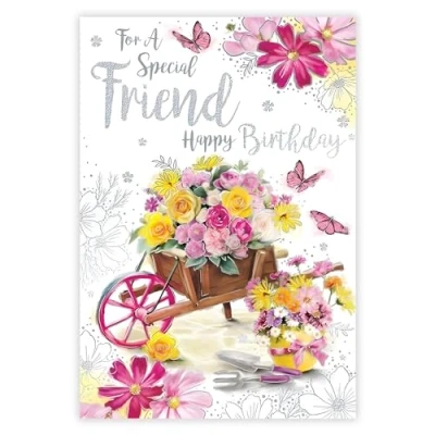 Image of Friend Birthday Card Female/For Her Special Flowers and Butterflies Artistic Gardening Design Finish Illustrated Insert Leaf Made in the UK
