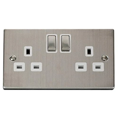 Image of Click Deco 2 Gang 13A DP &#039;Ingot&#039; Switched Socket Outlet (Twin Earth) Stainless Steel Insert White