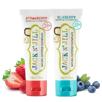 Image of Jack N&#039; Jill Natural Certified Toothpaste Baby &amp; Toddler Toothpaste, Fluoride Free, 40% Xylitol, Sugar Safe for 6 Months Up, Makes Tooth Brushing Fun, Strawberry Blueberry Flavours 2 x 50g