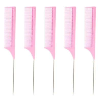 Image of Simply Hair 5 Pc Tail Comb.Extra Long Hairdressing Comb Fine Tooth Metal End Rat Comb. Parting For Use As Styling Highlighting Pin Tail. Per Set. (Pink)