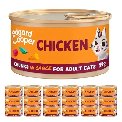 Image of Edgard Cooper wet cat food for adult cats, (Chicken, 18 x 85g tins), sterilized or active grain Free, fresh meat with natural ingredients, no added sugar