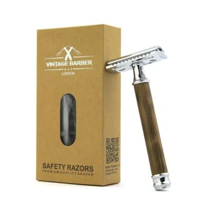 Image of Bamboo Safety Razor for Men and Women, Double Edge Razor, Fit All DE Blades, Eco Friendly Sustainable Durable, Plastic Free, VINTAGE BARBER LONDON