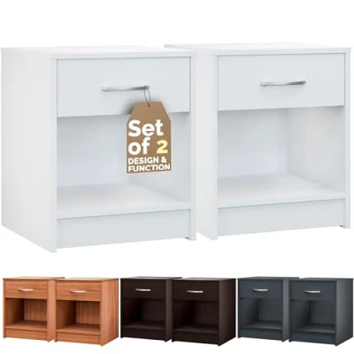 Image of CASARIA® 2x Hamburg Bedside Table Modern Nightstand with Drawer and Open Shelf 50cm Height Storage 50x40x35cm Chrome Handle Bedroom Cabinet White